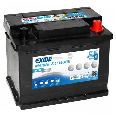 Exide Dual Marine AGM EP500 akkumulátor, 12V 60Ah 680A J+ EU, magas