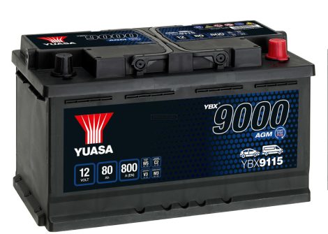 Yuasa AGM Start Stop Plus YBX9115 akkumulátor, 12V 80Ah 800A J+ EU, magas